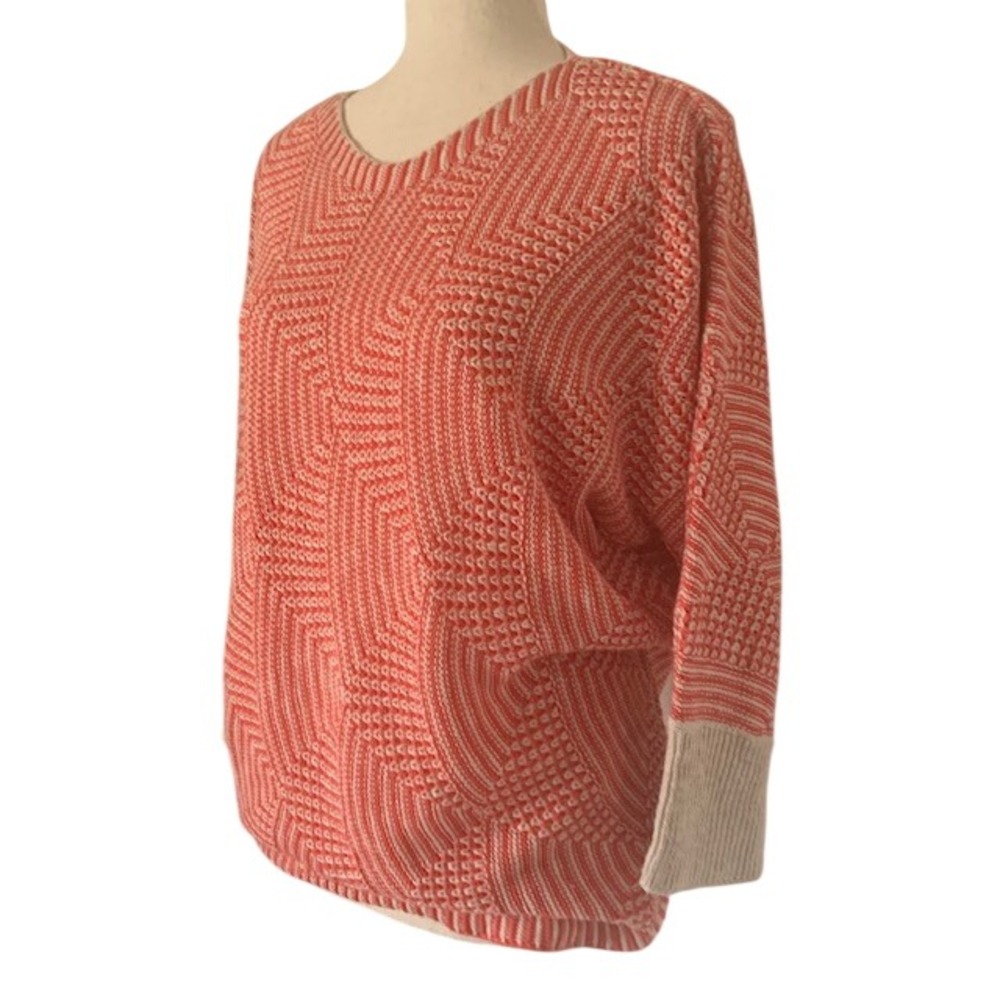 Nic + Zoe Textured Knit Top L Peach Coral Cotton Linen Blend Abstract Print GUC